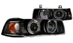 E36 2dr frontlykter med angel eyes og sort reflektor