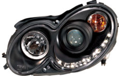 W209 Klarglass frontlyktpar i sort med LED