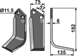 Freserkniv 182x75 mm høyre hull 11,5, avst. 57