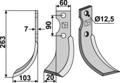 Freserkniv 263x60 mm venstre hull 12,5, avst. 90