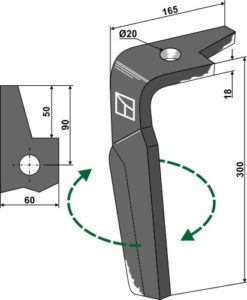 Rotorharvtind 300 mm høyre 300x60x18 mm, hull 20