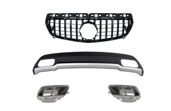 Luftdiffusor med eksospottespisser og GT-R Panamericana-gitter helt svart for Mercedes A-Klasse W176 (2012-08.2015) Sport Pack |