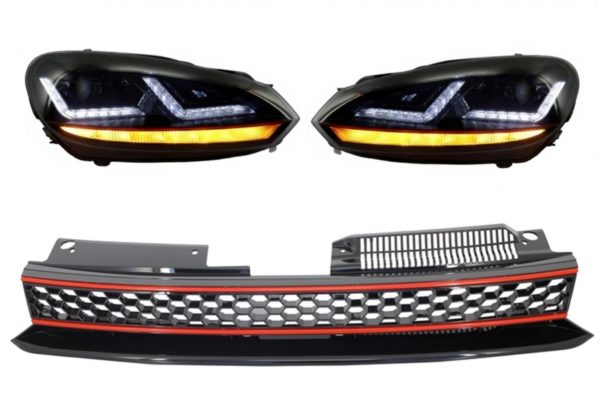 Merkeløs grill full honningkam med Osram Xenon-frontlykter LED dynamiske sekvensielle svinglys GTI Design egnet for VW Golf 6 VI 2008-2012 |