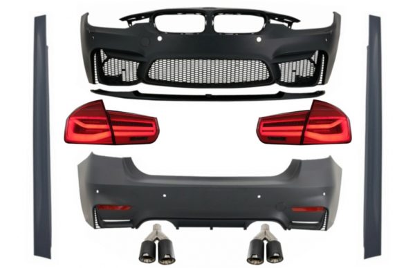 Karosserisett med doble doble eksospotter egnet for BMW F30 (2011-2019) og LED-baklys Dynamisk sekvensielt blinklys EVO II M3 CS-stil uten tåkelys