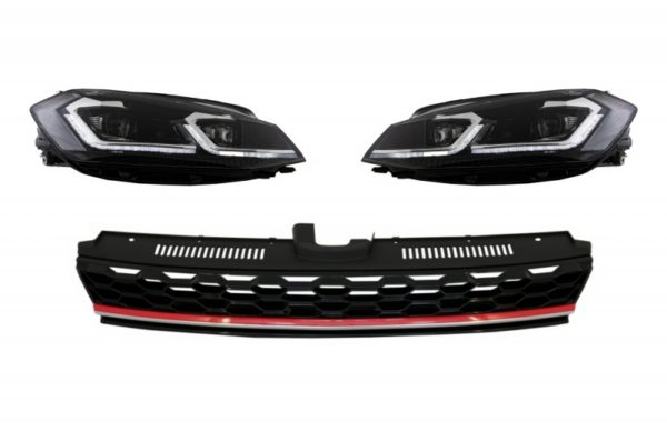 Sentralt merkeløs grille med LED-frontlykter Sekvensielle dynamiske svinglys egnet for VW Golf 7.5 VII Facelift (2017-up) GTI Design rød og krom