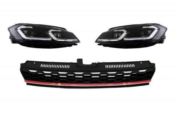 Sentralt merkeløs gitter med RHD LED-frontlykter Sekvensielle dynamiske svinglys egnet for VW Golf 7.5 VII Facelift (2017-up) GTI Design rød og krom