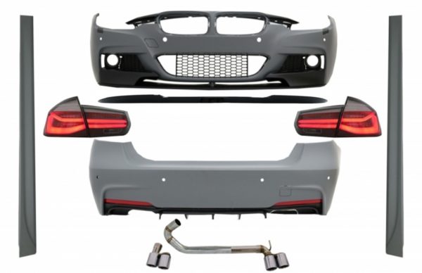 Komplett kroppssett egnet for BMW 3-serie F30 (2011-2019) M-Performance Design med Trunk Spoiler Piano Black og LED-baklykter Dynamic Red Smoke