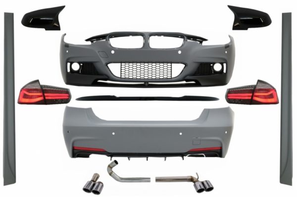 Komplett kroppssett egnet for BMW 3-serie F30 (2011-2019) M-Performance Design med speildeksler Piano Black og LED-baklykter Dynamic Red Smoke