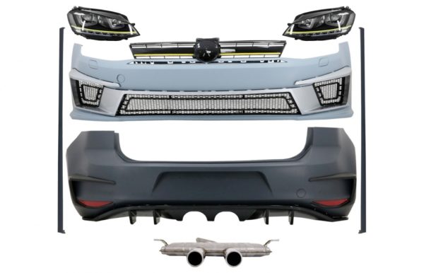 Komplett karosserisett egnet for VW Golf 7 VII 5G1 (2012-2017) R400 Design med komplett eksosanlegg og frontlykter 3D LED DRL Gul FLYTENDE dynamiske sekvensielle svinglys |