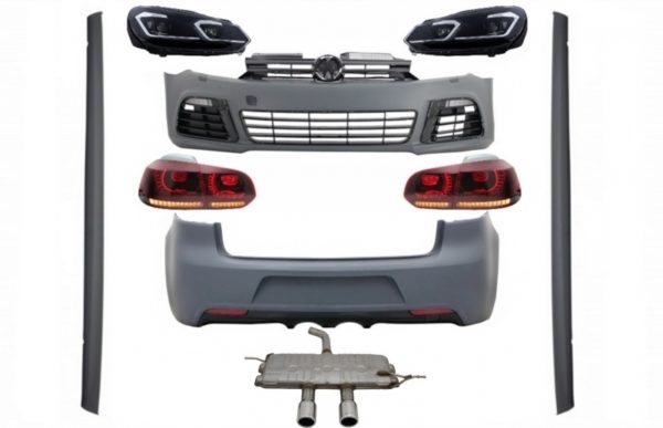 Komplett karosserisett egnet for VW Golf VI 6 MK6 (2008-2013) R20-design med frontlys LED og baklys Dynamisk blinklys + komplett eksosanlegg |