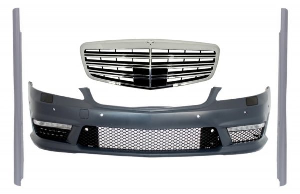 Komplett frontstøtfangerenhet med sentralgitter egnet for Mercedes S-klasse W221 (2005-2010) S63 S65 design og sideskjørt kortversjon