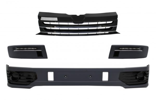 Front Bumper Add-on Spoiler med LED DRL egnet for VW Transporter Multivan Caravelle T5 T5.1 Facelift (2010-2015) og Badgeless Front Debadged Grille Sportline Design