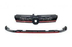 Front Bumper Lip Extension Spoiler med Sentral Merkeløs Grille egnet for VW Golf 7.5 Facelift (2017-2020) Piano Black & Red