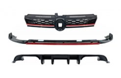 Front støtfanger leppeforlengelsesspoiler med sentralt merkeløs gitter og bakre diffuser egnet for VW Golf 7.5 Facelift (2017-2020) Piano Black & Red