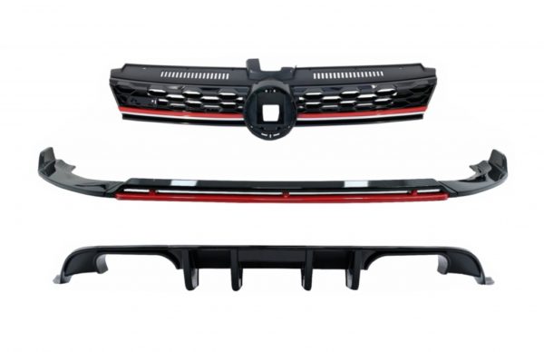 Front støtfanger leppeforlengelsesspoiler med sentralt merkeløs gitter og bakre diffuser egnet for VW Golf 7.5 Facelift (2017-2020) Piano Black & Red |