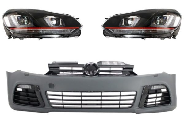 Støtfanger foran egnet for VW Golf VI 6 (2008-2013) R20 Look med frontlykter 3D LED DRL U-Design LED Flytende Turning Light Red Stripe GTI |