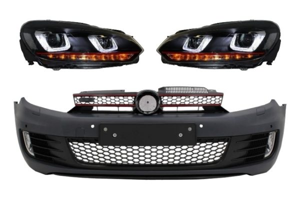 Støtfanger foran egnet for VW Golf VI 6 (2008-2013) GTI Look med frontlykter Golf 7 3D LED DRL U-Design LED Flytende Turning Light Red Stripe GTI |