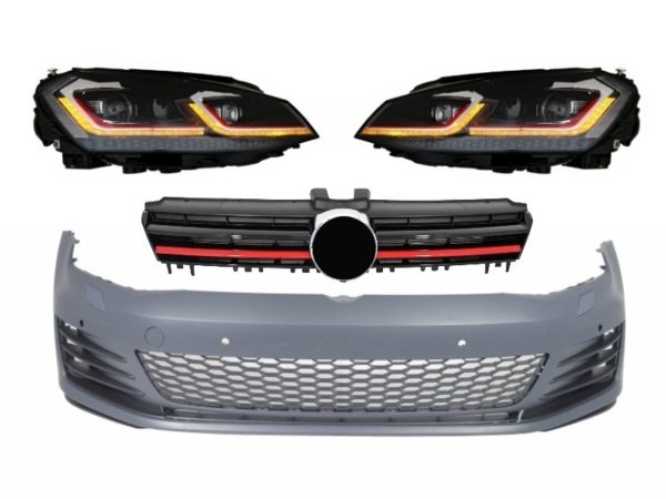 Støtfanger foran egnet for VW Golf VII 7 5G (2013-2017) med LED-frontlykter G7.5 GTI Look med sekvensielle dynamiske svinglys |