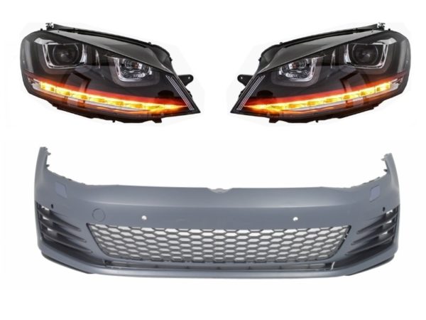 Støtfanger foran egnet for VW Golf VII Golf 7 (2013-2017) GTI Look med frontlykter 3D LED DLR RØD Flytende Turn Light |