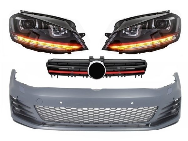Støtfanger foran egnet for VW Golf VII Golf 7 2013-up GTI Look med frontlykter 3D LED DRL RØD Flytende blinklys og gitter |