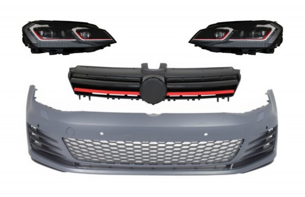 Støtfanger foran med sentralgitter og LED-frontlykter Sekvensielle dynamiske svinglys egnet for VW Golf VII 7 5G (2013-2017) GTI Look |