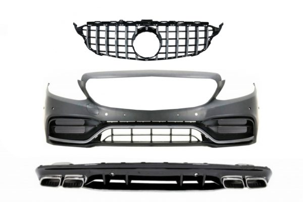 Frontstøtfanger med diffuser og sølvspisser som passer for Mercedes C-klasse W205 S205 AMG Sport Line (2014-2020) C63S Design |