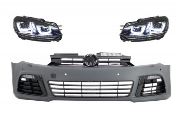 Støtfanger foran med frontlykter LED flytende blinklys krom egnet for VW Golf VI 6 MK6 (2008-2013) R20 Design med PDC |