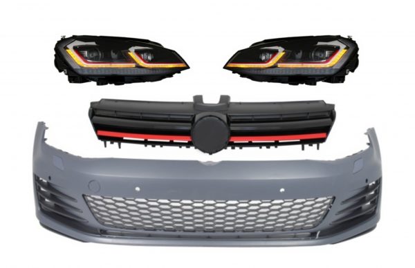 Støtfanger foran med LED-frontlykter Sekvensielle dynamiske svinglys og Grille Rød egnet for VW Golf VII 7 5G (2013-2017) Facelift G7.5 GTI Look |