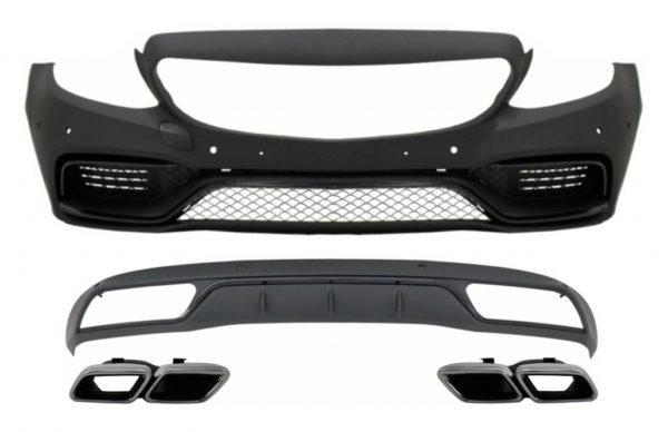 Frontstøtfanger uten rist og diffusor med lyddemperspisser Krom egnet for Mercedes C-klasse W205 S205 (2014-2018) C63 Look |