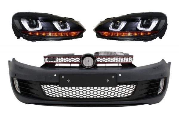 Støtfanger foran egnet for VW Golf VI 6 (2008-2013) GTI Look med frontlykter Golf 7 3D LED DRL U-Design LED Flytende svinglys Rød Stripe GTI RHD |