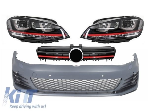Støtfanger foran egnet for VW Golf VII Golf 7 2013-up GTI Look med frontlykter 3D RØD LED DRL Blinklys og Grille |