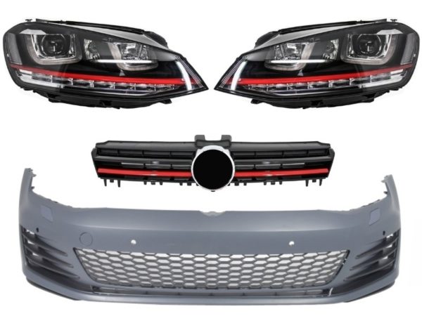 Støtfanger foran egnet for VW Golf VII Golf 7 2013-up GTI Look med frontlykter 3D LED DLR RØD og Grille |