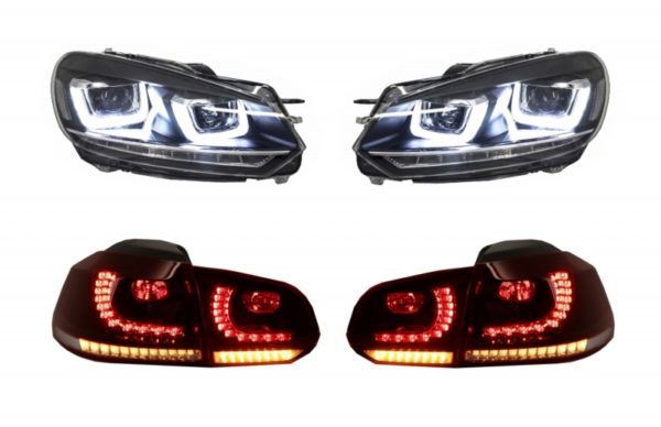 Frontlykter krom og baklykter Cherry Red Full LED egnet for VW Golf 6 VI (2008-2013) R20 U Design Dynamisk sekvensielt blinklys LHD |