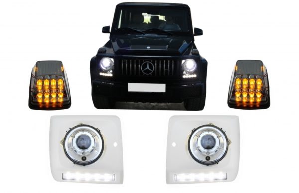 Frontlyktdeksler med LED DRL Kjørelys egnet for MERCEDES G-klasse W463 (1989-up) med frontlykter krom og blinklys G65 Design |