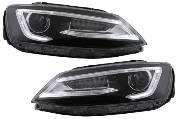 Frontlykter LED DRL Dual Beam Linse egnet for VW Jetta Mk6 VI (2011-2017) RHD Bi-Xenon Design med dynamiske blinklys svart hus