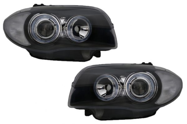 Frontlykter egnet for BMW Seria 1 E81 E82 E87 E88 (2004-2011) Angel Eyes 2 Halo Felger Svart |