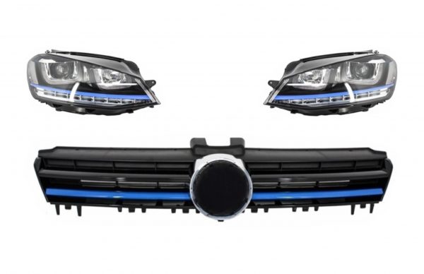 Frontlykter med sentralgitter egnet for VW Golf 7 VII (2012-2017) GTE Design Blue Insertions og LED FLOWING Dynamic Sequential Turn Light |