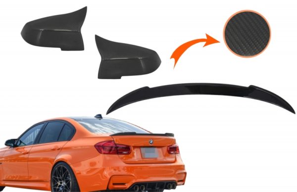 Sett speildeksler og bagasjeromsspoiler egnet for 3 Series F30 (2011-2018) M4 Design Real Carbon