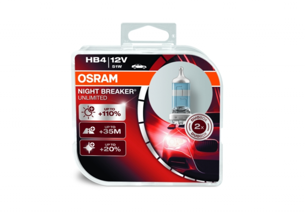 OSRAM NIGHT BREAKER UNLIMITED HB4 Halogen hodelykt 9006NBU HCB 12V Duoboks (2 enheter)