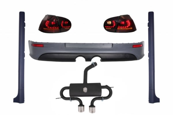 Bakre støtfangerforlengelse komplett eksosanlegg egnet for VW Golf V (2003-2008) med LED-baklykter Dynamic Red/Smoke og sideskjørt GTI R32 Look |