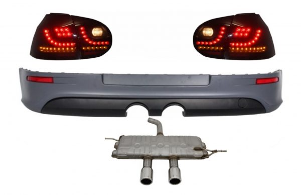 Bakre støtfangerforlengelse med baklys LED Smoke Black og komplett eksosanlegg egnet for VW Golf 5 V (2003-2007) R32 Look |