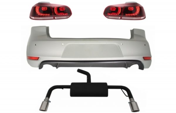 Bakre støtfanger egnet for VW Golf 6 VI (2008-2012) med komplett eksosanlegg og baklykter FULL LED Cherry Red GTI Design