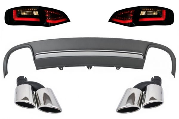 Bakre støtfangervalance Luftdiffuser og eksospottespisser med LED-baklys Dynamisk svart/røyk egnet for AUDI A4 B8 8K Pre Facelift Avant 2008-2011 S4 Design |