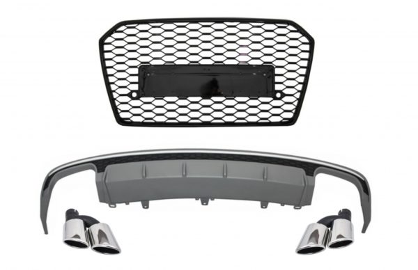Bakre støtfanger valance diffuser med eksospottespisser og frontgitter egnet for Audi A6 4G Facelift (2015-2018) Sedan Limousine S6 Design |