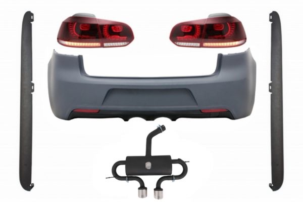 Bakre støtfanger med eksosanlegg egnet for VW Golf VI (2008-2013) R20 Design Baklys Full LED Cherry Red (LHD og RHD) og sideskjørt |