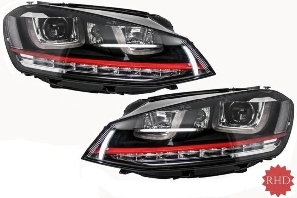 RHD Frontlykter 3D LED DRL egnet for VW Golf 7 VII (2012-2017) RED R20 GTI Look LED flytende dynamiske sekvensielle svinglys