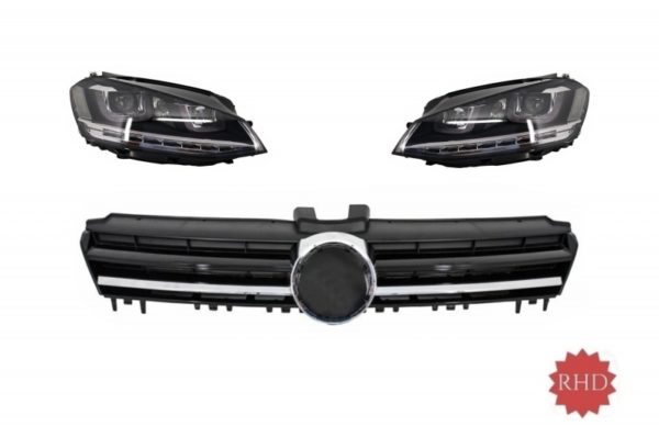 RHD-frontlykter LED FLOWING Dynamiske sekvensielle svinglys med sentralgitter egnet for VW Golf 7 VII (2012-2017) R-Line Design Chrome-innsettinger